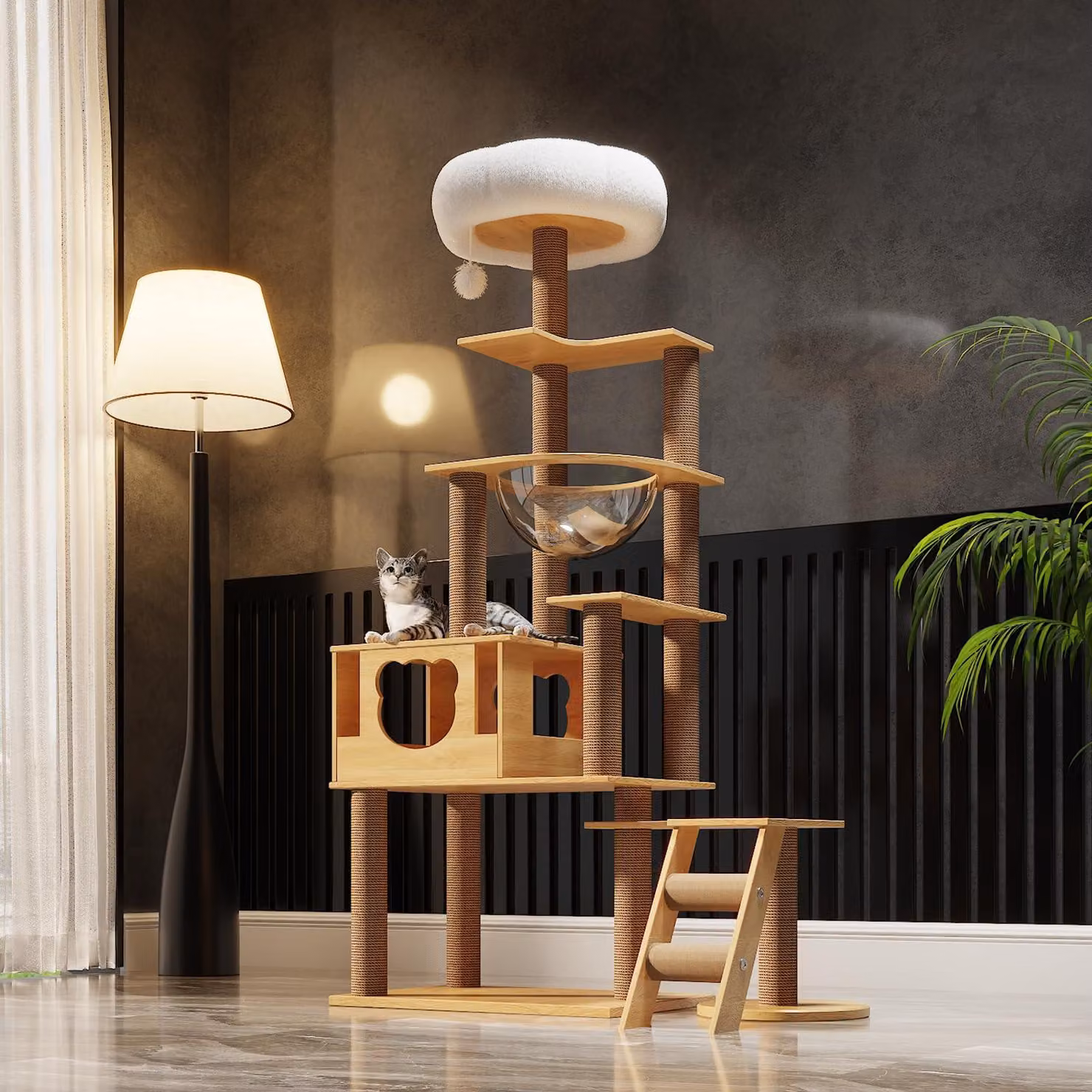 Albero per gatti grande, con capsula spaziale e piattaforme rivestite in peluche
