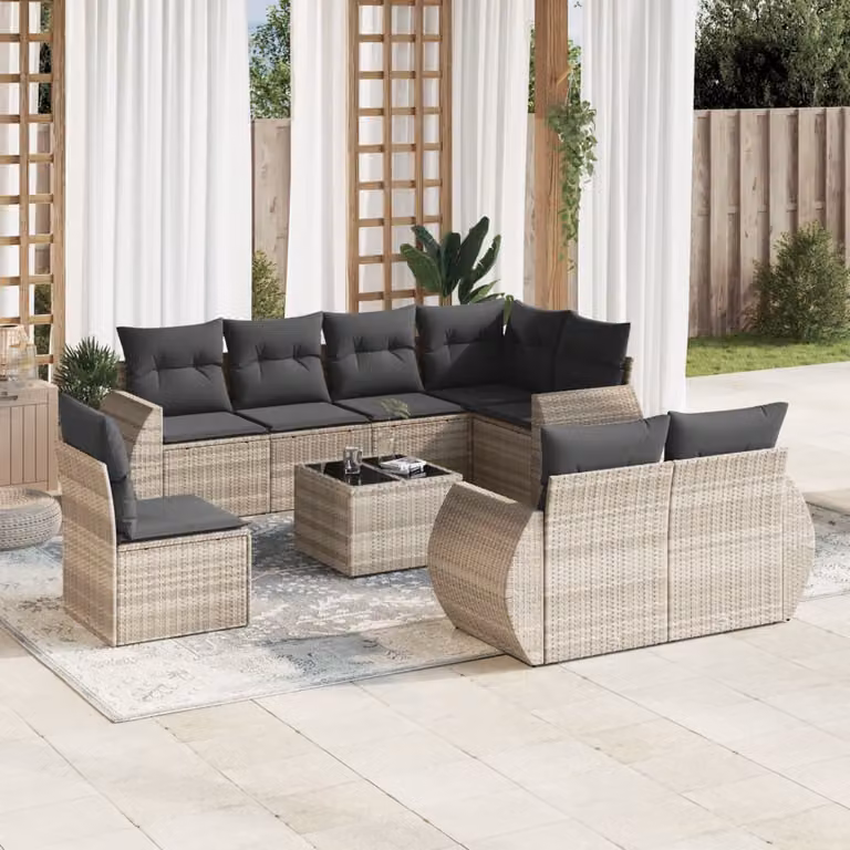 Set Divano da Giardino vidaXL 9pz a Forma di L in Polyrattan Grigio con Cuscini e Tavolino