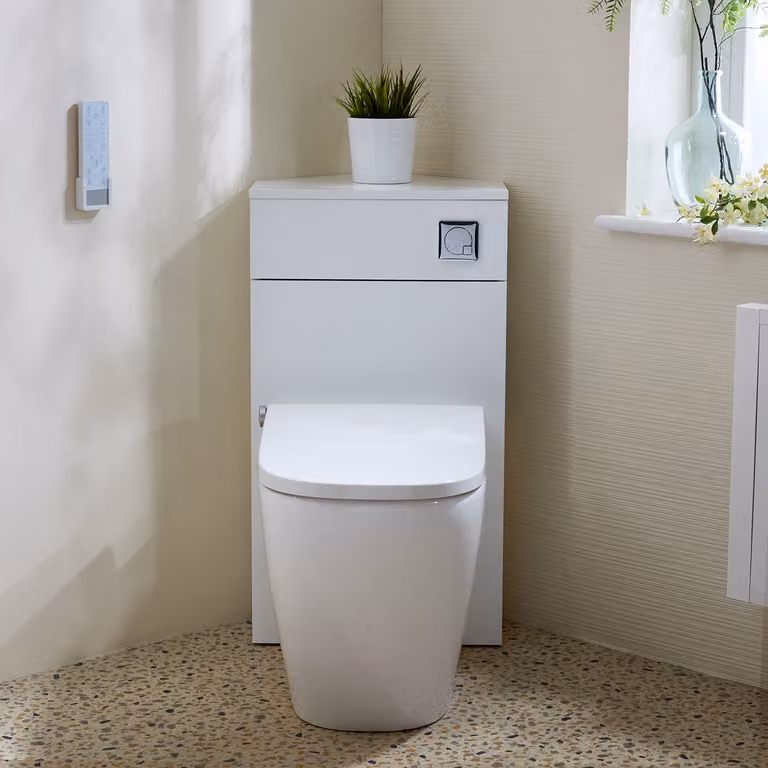 Mobile WC angolare Bianco con smart toilet Hirayu, sanitario + bidet integrato, pulsante cromato - Cluo