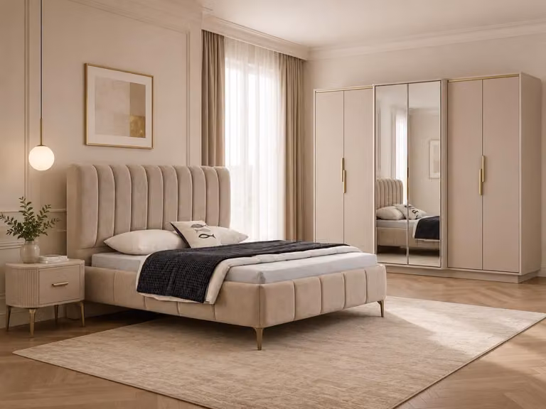 Camera da letto completa: letto, comodini e armadio lussuoso