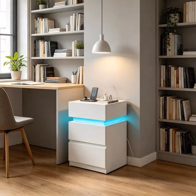Set di 2 comodini bianchi con LED regolabile, prese USB e 2 cassetti