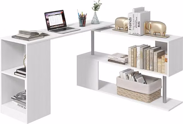 Scrivania angolare moderna HOMCOM con piano girevole e libreria, colore bianco, L: 140 cm, P: 120 cm, H: 78 cm