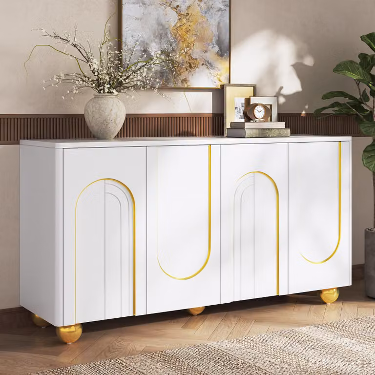 Mobile contenitore laterale Merax con 4 ante e decorazioni a motivi dorati ad arco, cassettiera con piedi sferici in metallo, mobile da soggiorno in MDF con ripiani interni, colore bianco