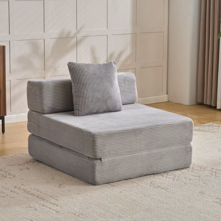Divano a pavimento, divano componibile, trasformabile, divano letto singolo, cuscini, braccioli, tessuto corda, ideale per soggiorno/camera da letto. L3