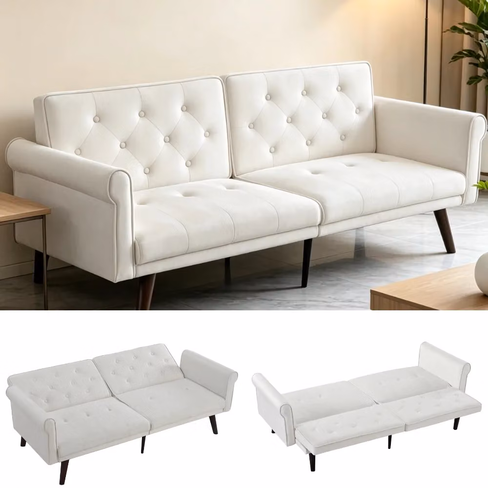 Divano letto OKWISH a 2 posti in velluto beige con schienali regolabili e funzione letto per soggiorno e camera da letto – 2