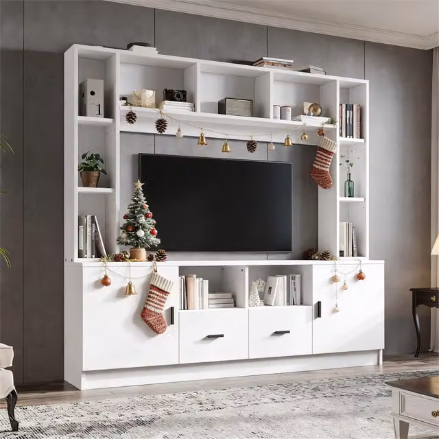 Set di mobili da soggiorno MIVRAY moderno in bianco opaco con mobile TV, 2 armadi, 2 cassetti e 11 vani L/P/H: 180 x 35 x 170 cm