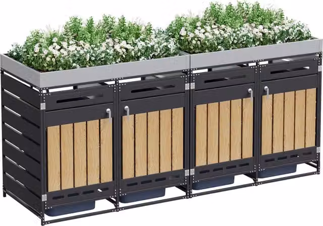 Copribidoni da giardino con fioriera integrata, 4 vani ventilati e porte con serratura in ferro nero 274 × 79 × 125 cm
