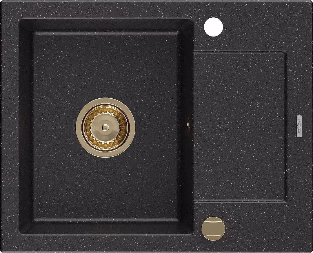 Mexen Enzo lavello in granito 1 vasca con scolapiatti 576 x 465 mm, nero/argento metallizzato, sifone dorato - 6506571005-73-G