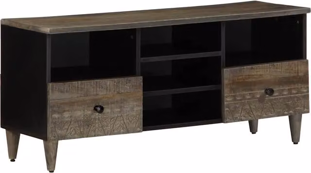 Mobile porta TV nero in legno di mango con design intagliato e stile mid-century L/P/H: 100 x 33 x 46 cm