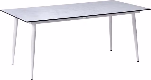 Tavolo da riunione con piano in HPL e struttura in alluminio resistente ai raggi UV, all'acqua e alla ruggine bianco con effetto travertino