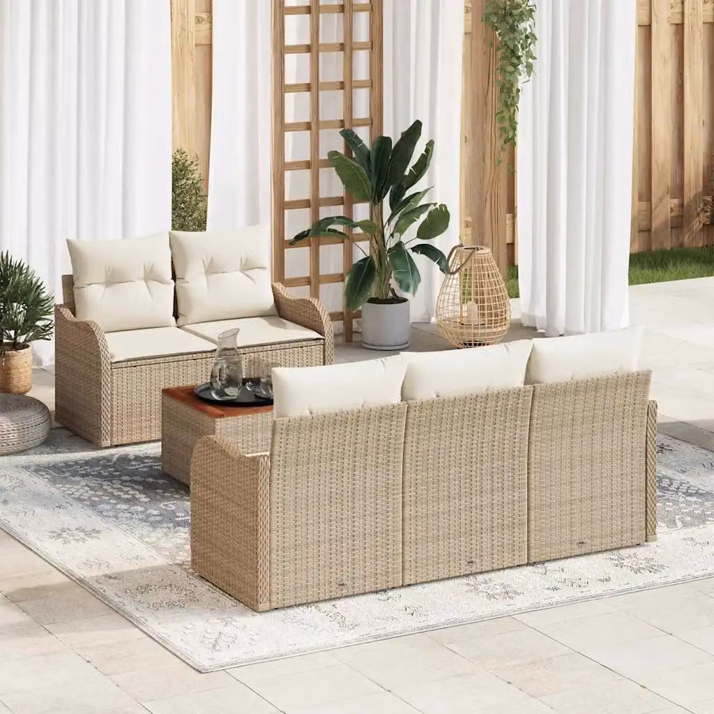 Set Divano da Giardino vidaXL 6 pz a Forma a L Beige con Cuscini e Tavolino da Caffè in Polyrattan e Acciaio – 1