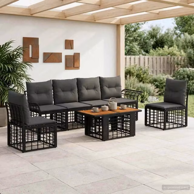 Set Divano da Giardino 7 pz Nero e Grigio scuro polyrattan 3437965
