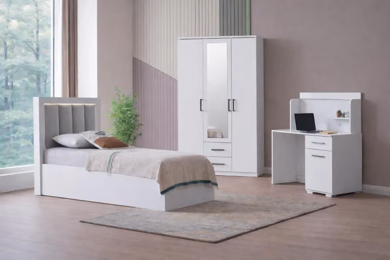 Set elegante per camera da letto per ragazzi, composto da: letto, armadio e scrivania