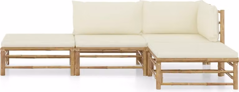 Set Salotto da Giardino 4pz con Cuscini Bianco Crema in Bambù