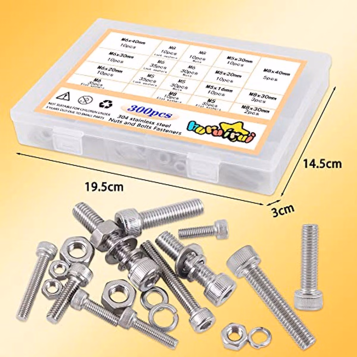 Set di viti M5, M6, M8 - Assortimento completo con dadi e rondelle - Acciaio inossidabile 304 - 300 pezzi per progetti fai-da-te