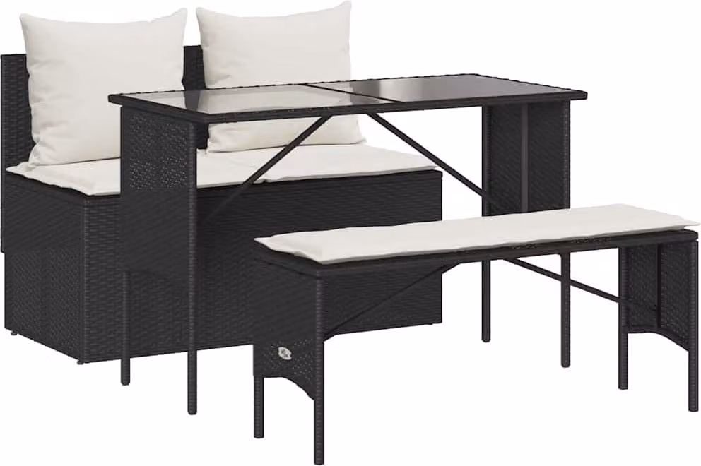 Set da Pranzo da Giardino 3 pz con Cuscini Nero in Polyrattan