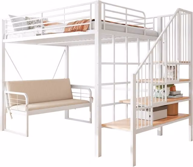 Letto a soppalco 140x200 cm con divano imbottito removibile e scala contenitore; metallo bianco