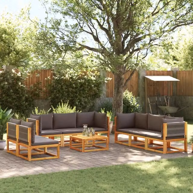 Set di 9 divani da giardino vidaXL in legno di acacia oliato con cuscini grigi per esterno e terrazza – 1