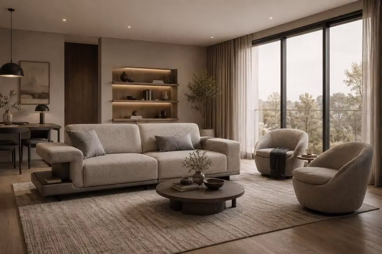 Divano componibile beige, design moderno, per soggiorno, composto da: un divano a tre posti e due poltrone