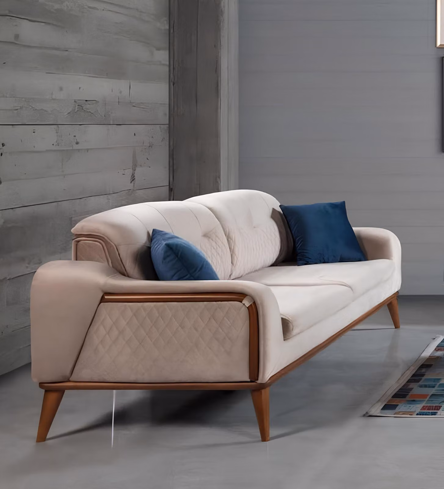 Beige Couch Wohnzimmer Dreisitzer Sitzpolster Couchen Sofa Möbel Samt Holz