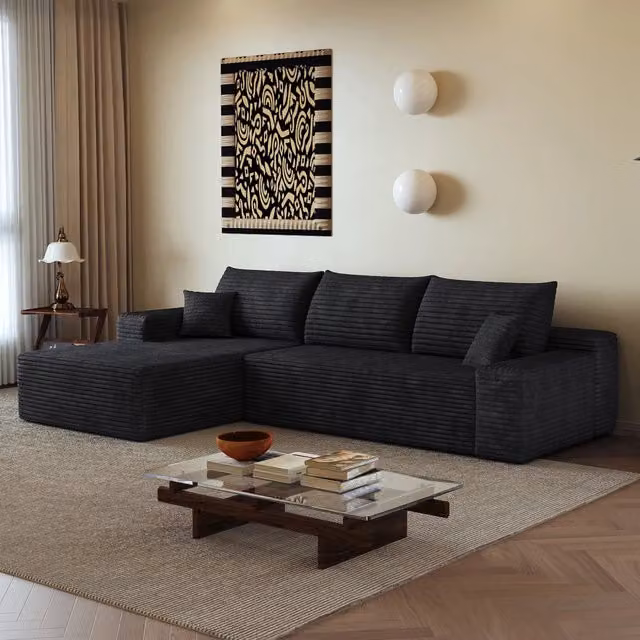 Divano angolare modulare con chaise longue a L senza montaggio in tessuto a coste nero per soggiorno