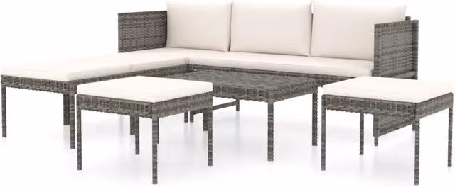 Set Salotto da Giardino a L con Polyrattan e Metallo Grigio, 6 Pezzi con Divano a 3 Posti, Tavolino e Pouf e Cuscini Inclusi
