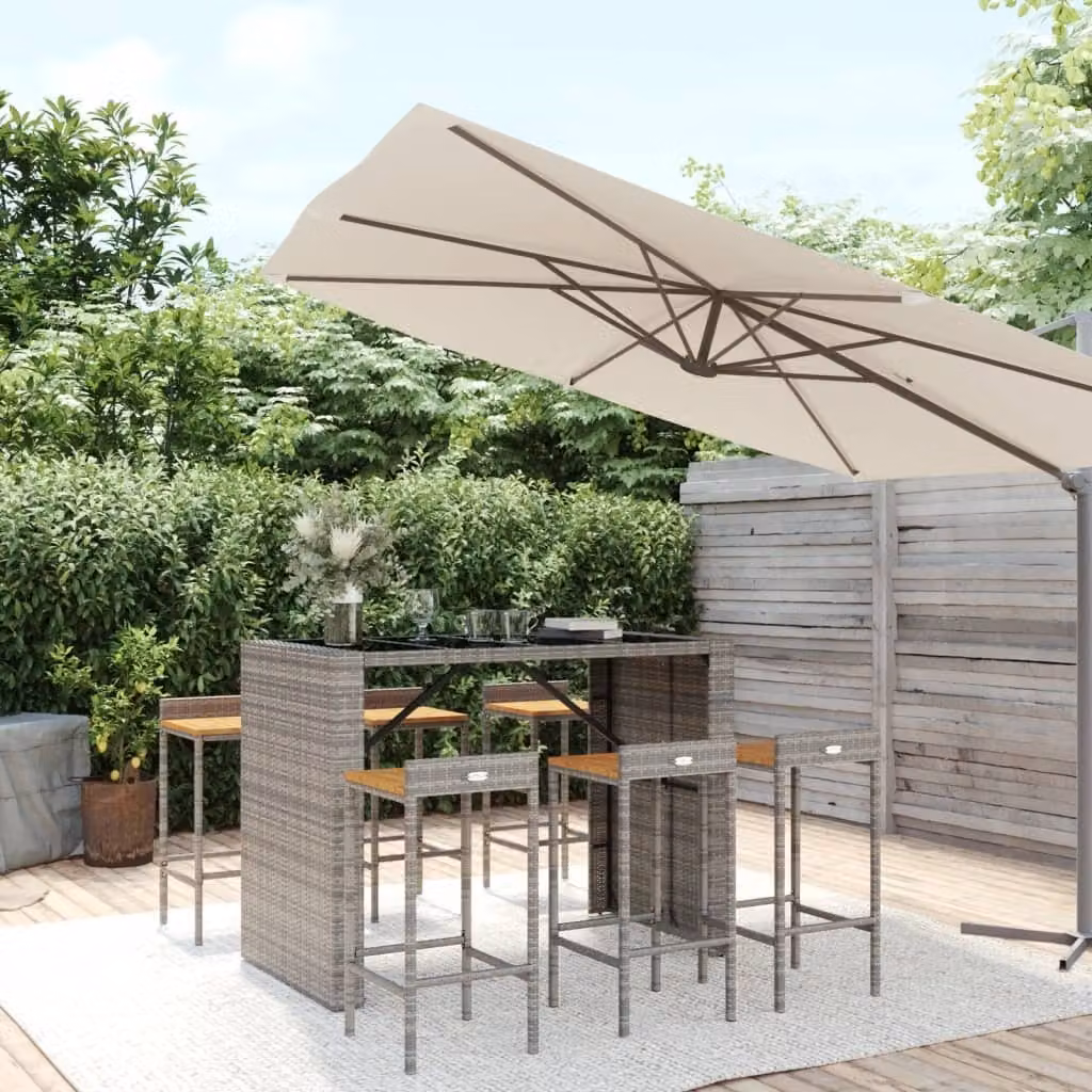 The Living Store Set bar da giardino 7 pezzi in poly rattan grigio e legno massiccio di acacia