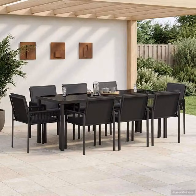 Set da pranzo per giardino e terrazzo vidaXL in polyrattan nero con tavolo in vetro, 9 pezzi – 1