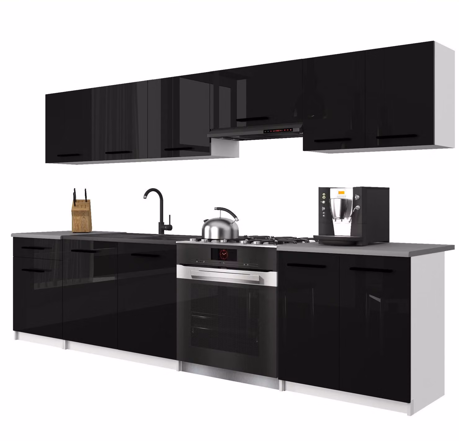 Belini - Angolo cottura moderno ITALIA 2 - Mobili da cucina 240 cm nero lucido - Cucina componibile con pensili, mobili base e piani di lavoro