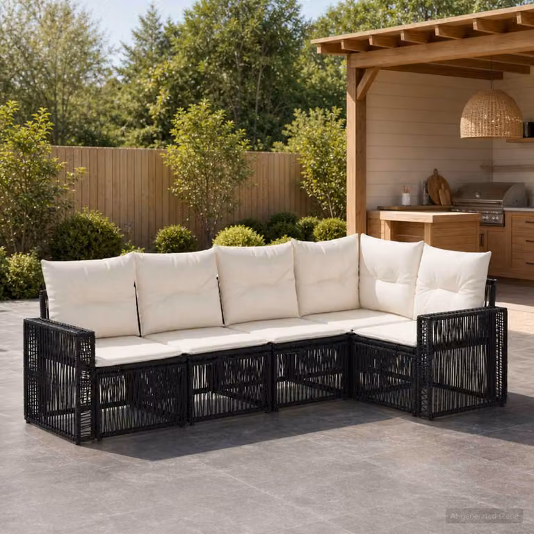 Set Divano da Giardino L-Shape vidaXL in Polyrattan Nero e Bianco Crema con Cuscini Imbottiti e Struttura in Acciaio Verniciato a Polvere