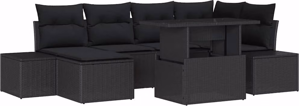 Set Divano da Giardino con cuscino 7 pcs Nero polyrattan