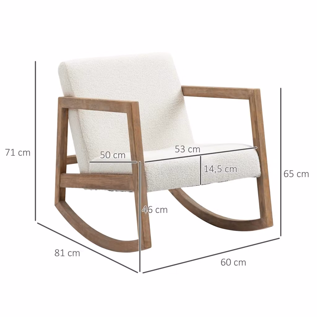 Sedia a dondolo moderna WISHDOR con struttura in legno di gomma e rivestimento in tessuto bouclé bianco – 2