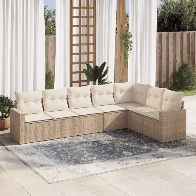 Set Divani da Giardino 7 pz con Cuscini Beige in Polyrattan 3219038