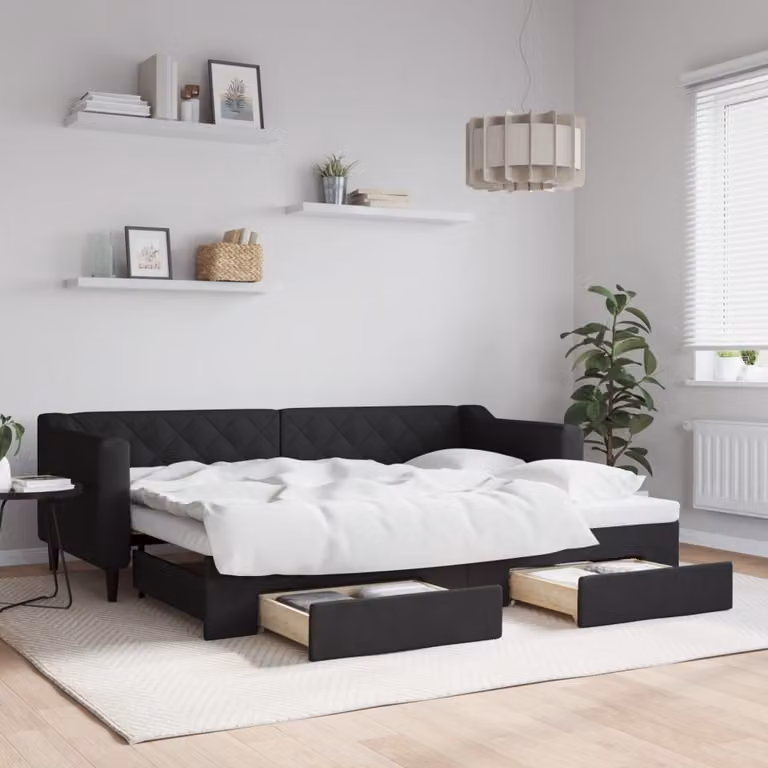 vidaXL Divano Letto Estraibile con Cassetti in Tessuto Nero L: 200 cm, P: 80 cm, H: 67 cm