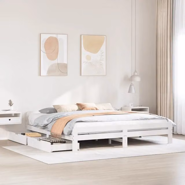 Giroletto senza Materasso-Struttura Letto Bianco 200x200 cm Legno Massello Pino 127040