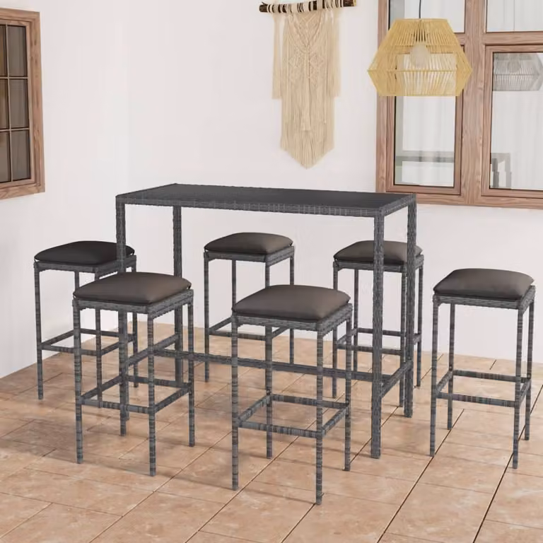 Maison Exclusive - Set da bar da giardino 7 pezzi con cuscini in polyrattan grigio