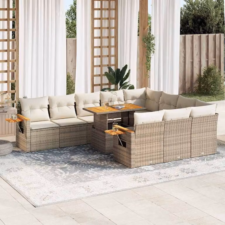 Set Divani da Giardino vidaXL 11 Pezzi in Polyrattan e Legno di Acacia con Cuscini Beige e Tavolino da Esterno a Forma di L