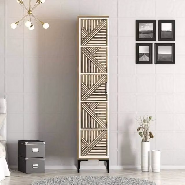 Armadio multiuso Giusta DMORA con anta a battente, mobiletto scarpiera e contenitore per lavanderia o garage, L: 47.5 cm, P: 40 cm, H: 201.4 cm, Marrone e Bianco – 1