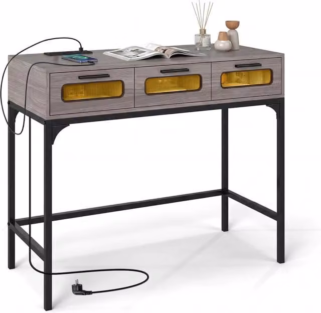 Tavolo consolle moderno DESIGN IN con luci LED e stazione di ricarica USB, Grigio e Nero, L: 90 cm, P: 40 cm, H: 75 cm