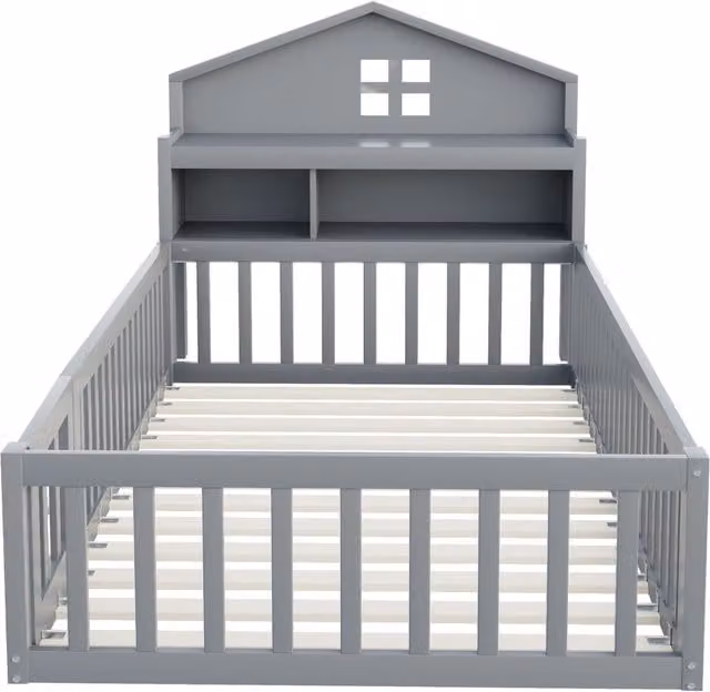 Letto per bambini 90x200 cm in legno massello con struttura a casa, protezione e scaffali integrati, grigio