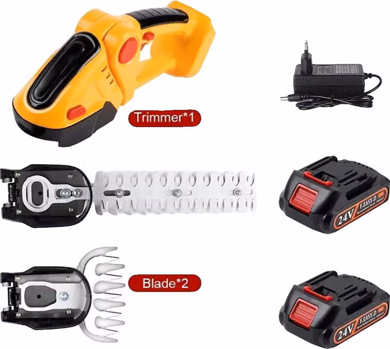Potatore elettrico per siepi, sistema a doppia lama, design leggero, 2 batterie (colore giallo)
