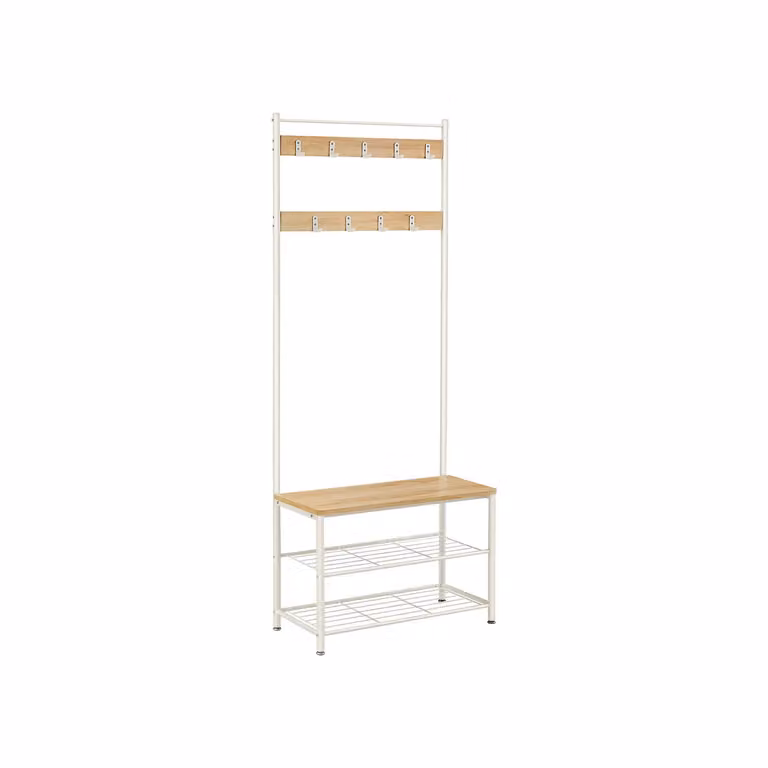 Appendiabiti con ripiano per scarpiere, mobile d'ingresso con panchina, Rovere + Crema