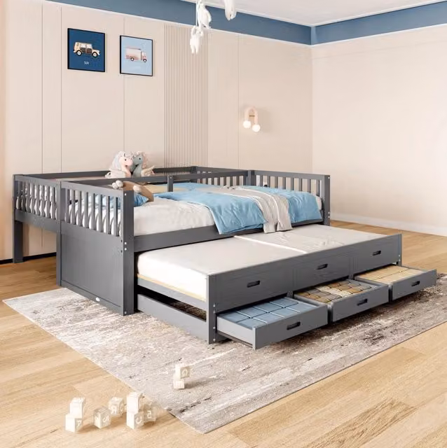 Letto a castello 90x200 cm con letto estraibile e 3 cassetti in legno e MDF grigio