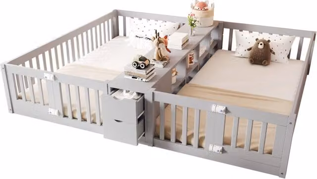 Letto doppio per bambini 2x90x200 cm con cassetti e ripiani in pino; compensato e MDF grigio