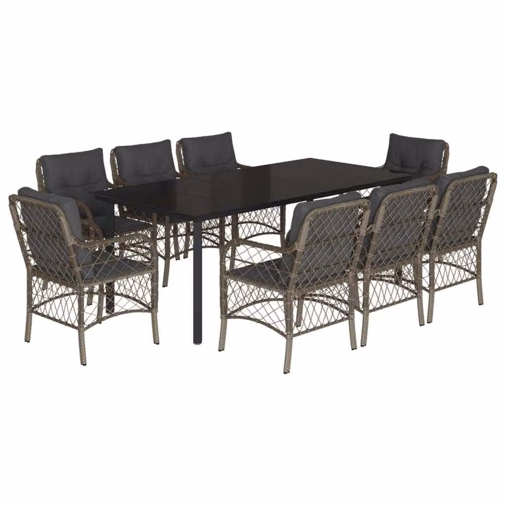 Set da Pranzo da Giardino 9 pz con Cuscini in Polyrattan Grigio