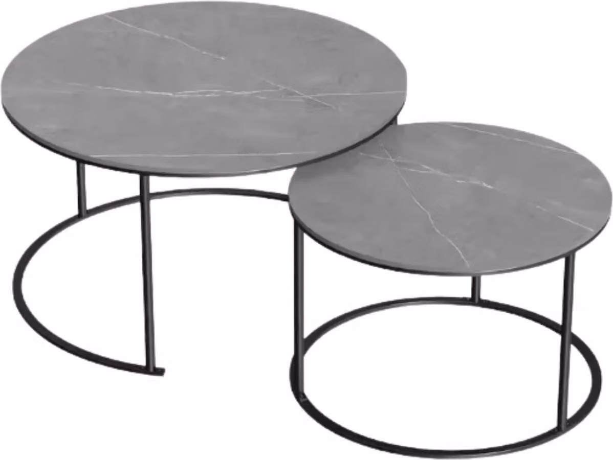 Tavolini Venetia Fioren - Set di 2 - Tavolino rotondo - Look in marmo - Tavolini da salotto - Struttura in metallo - Grigio