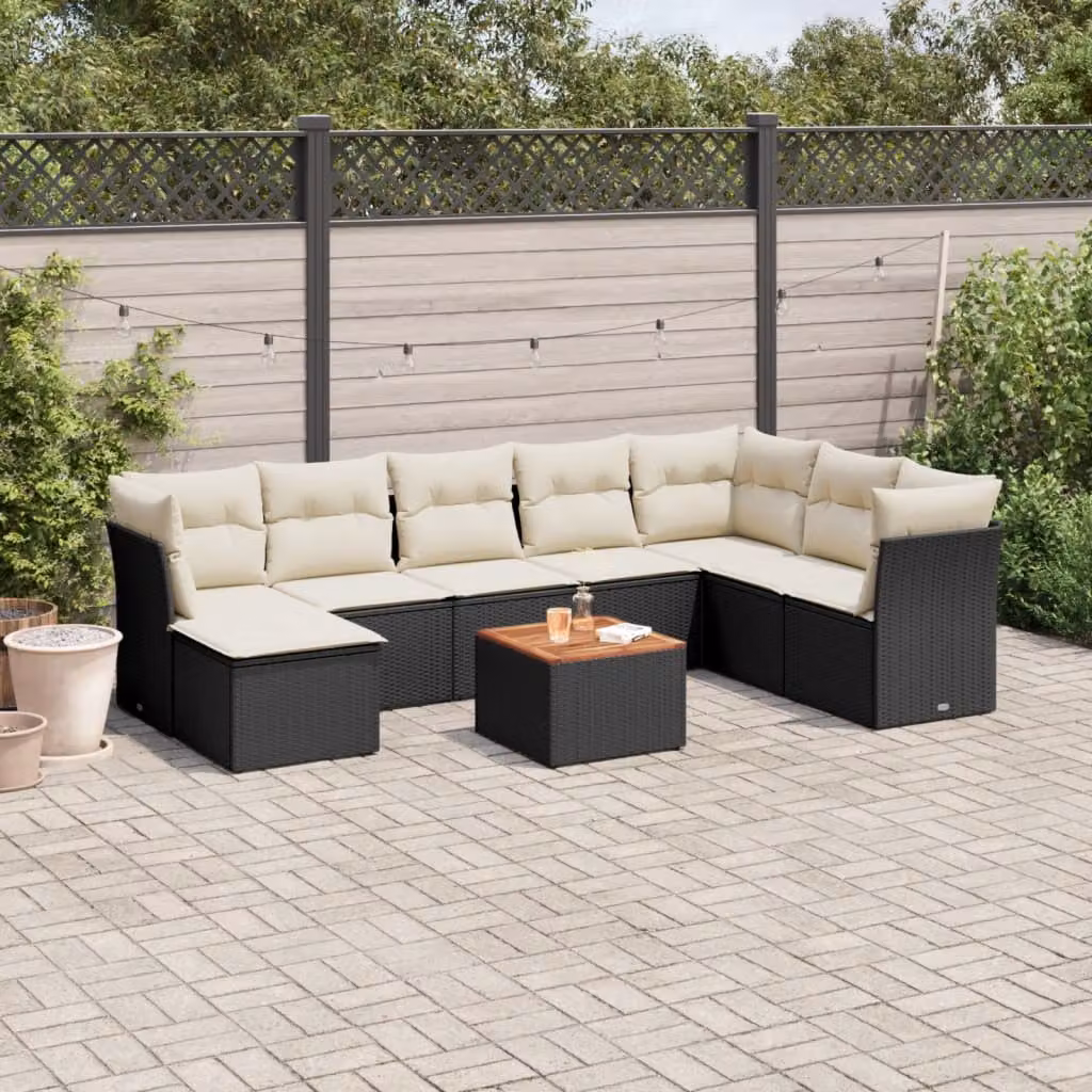 vidaXL Set Divani da Giardino 9 pz in Polyrattan con Cuscini e Tavolino, Design Moderno a L, Nero – 1