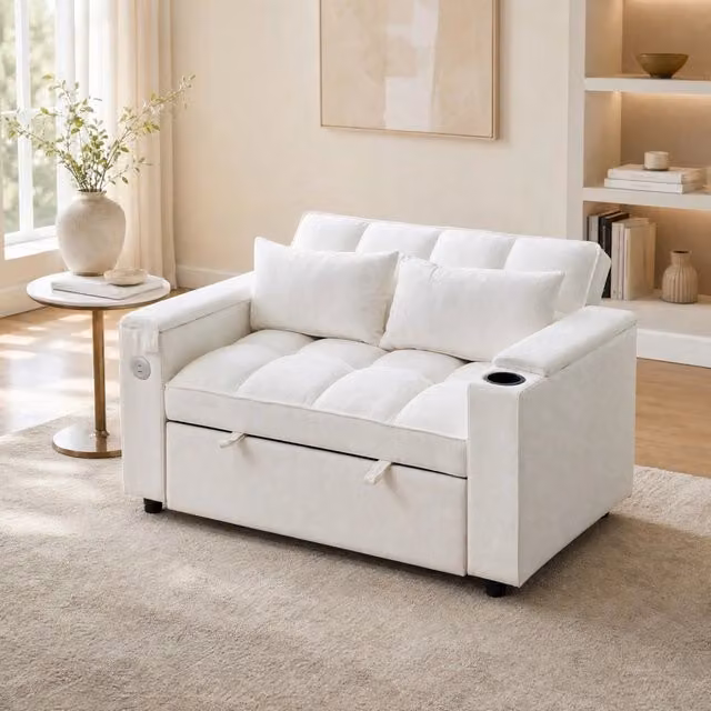 Divano letto 3 in 1 REDOM beige con schienale regolabile e porta USB L: 140,5 cm, P: 74 cm, H: 82 cm