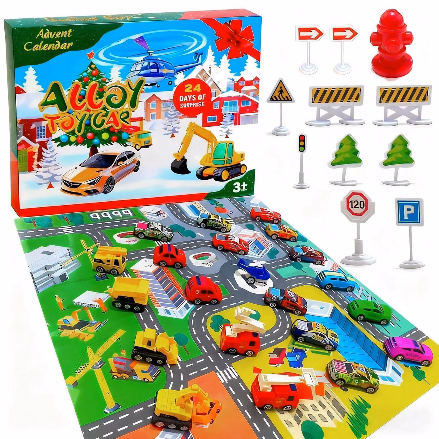 Calendario dell'Avvento per bambini, con 24 sorprese a tema auto giocattolo, ideale per l'anno 2026, include camion dei pompieri, auto da corsa e veicoli da costruzione, adatto a bambini dai 3 anni in su