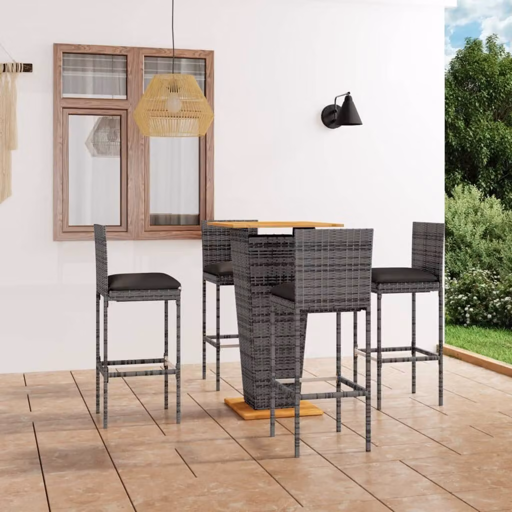 The Living Store Set bar da giardino 5 pezzi con cuscini in poly rattan grigio